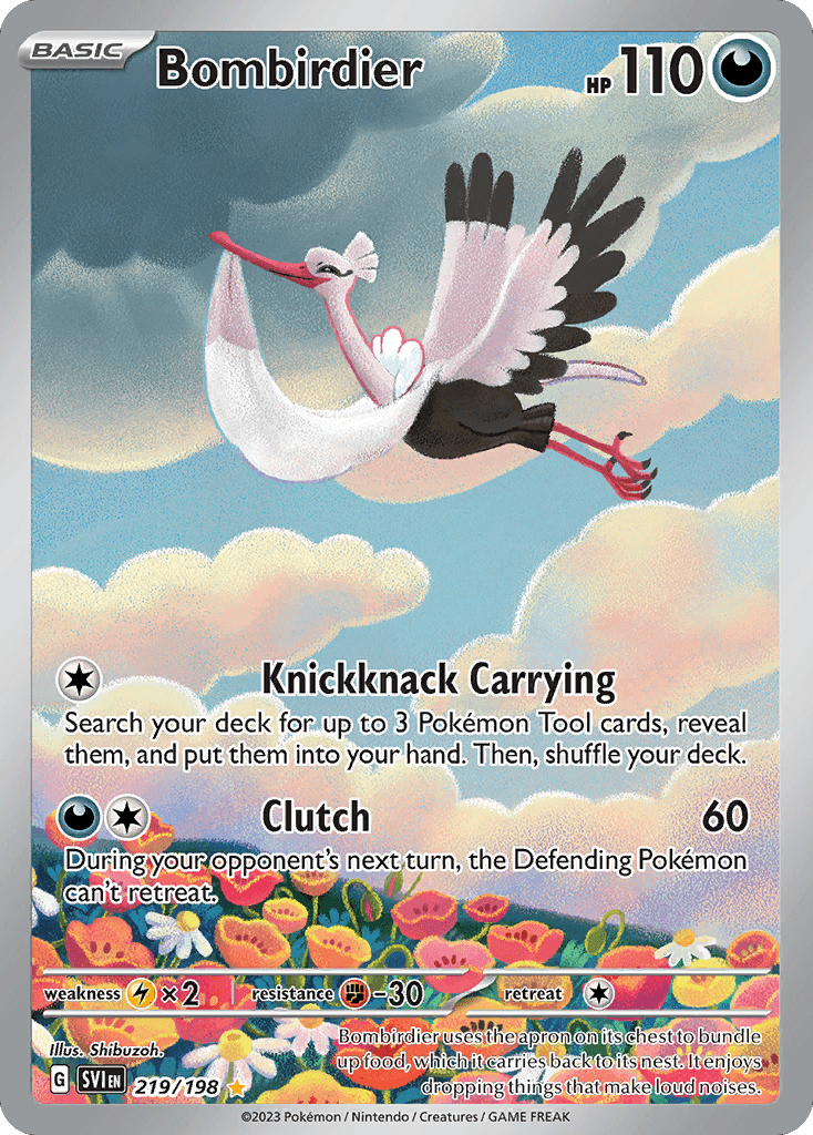 Bombirdier uses the apron on its chest to bundle up food, which it carries back to its nest. It enjoys dropping things that make loud noises.