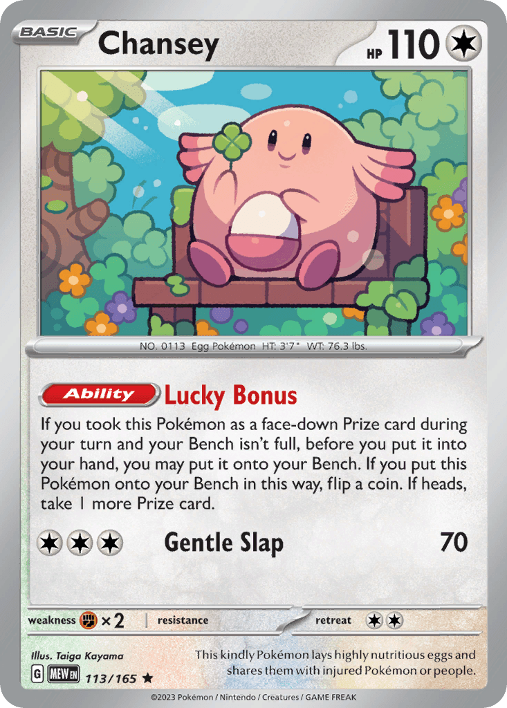 This kindly Pokémon lays highly nutritious eggs and shares them with injured Pokémon or people.