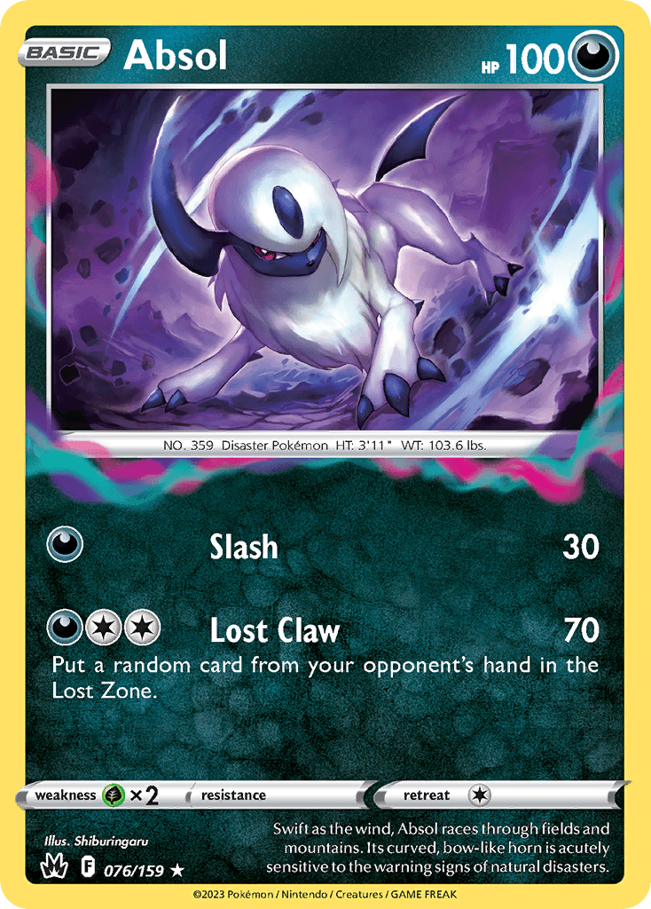 Swift as the wind, Absol races through fields and mountains. Its curved, bow-like horn is acutely sensitive to the warning signs of natural disasters.