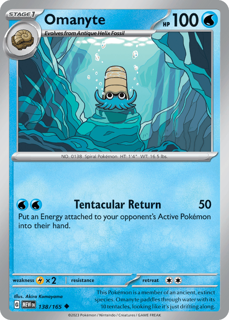 This Pokémon is a member of an ancient, extinct species. Omanyte paddles through water with its 10 tentacles, looking like it's just drifting along.