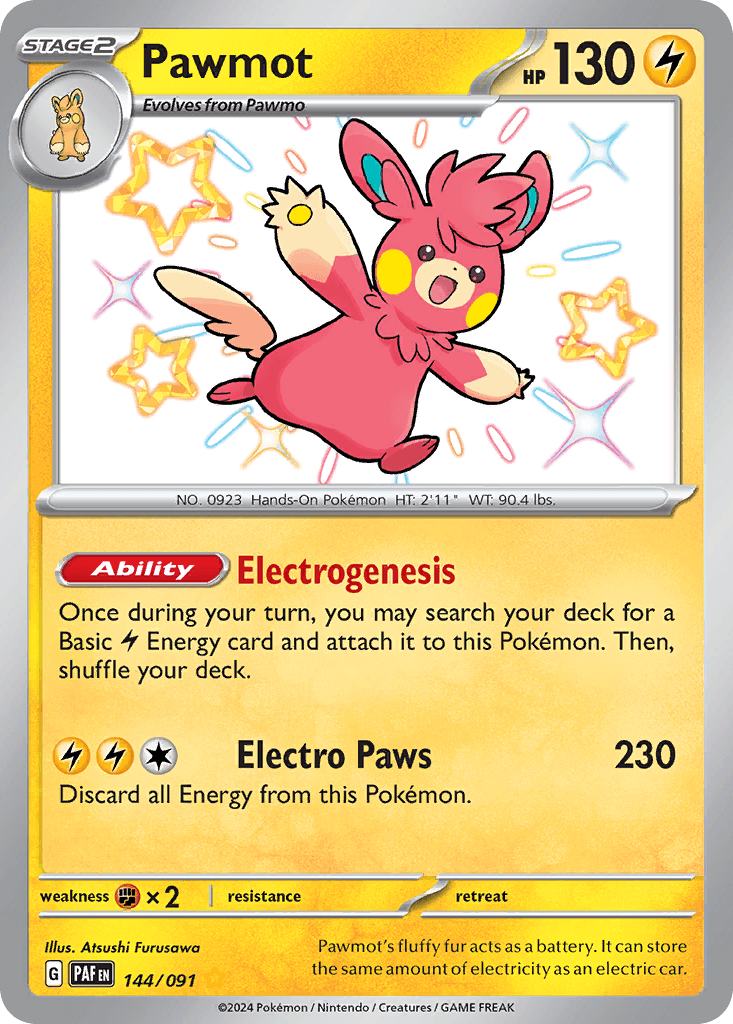Pawmot's fluffy fur acts as a battery. It can store the same amount of electricity as an electric car.